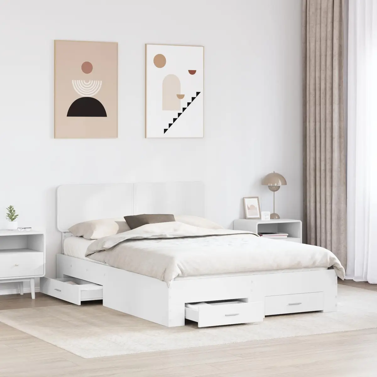 White Bed Frame 150 x 200 cm with Headboard and Integrated Storage Drawers Engineered Wood