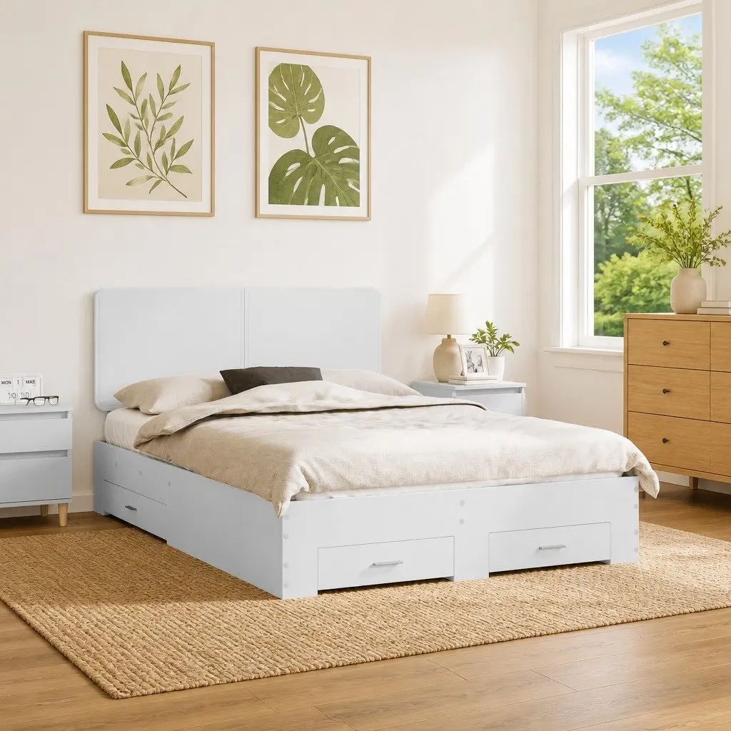 Bed Frame White 150 x 200 cm Engineered Wood Headboard with Storage Drawers