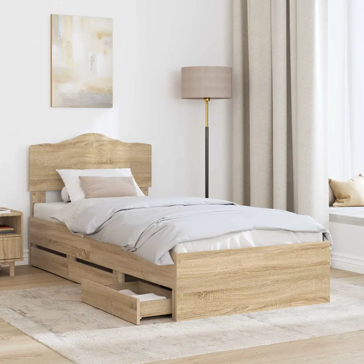 Bed Frame Sonoma Oak 90 x 190 cm Engineered Wood Modern with Storage Drawer