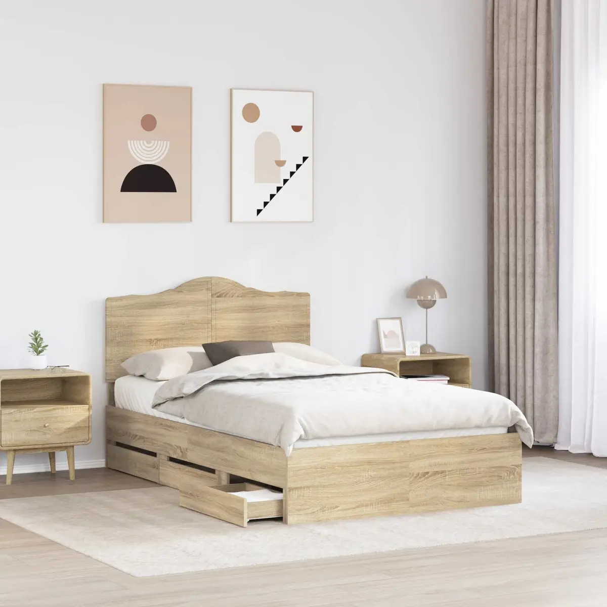 Bed Frame Brown Sonoma Oak 135 x 190 cm Engineered Wood Modern with Storage Drawer
