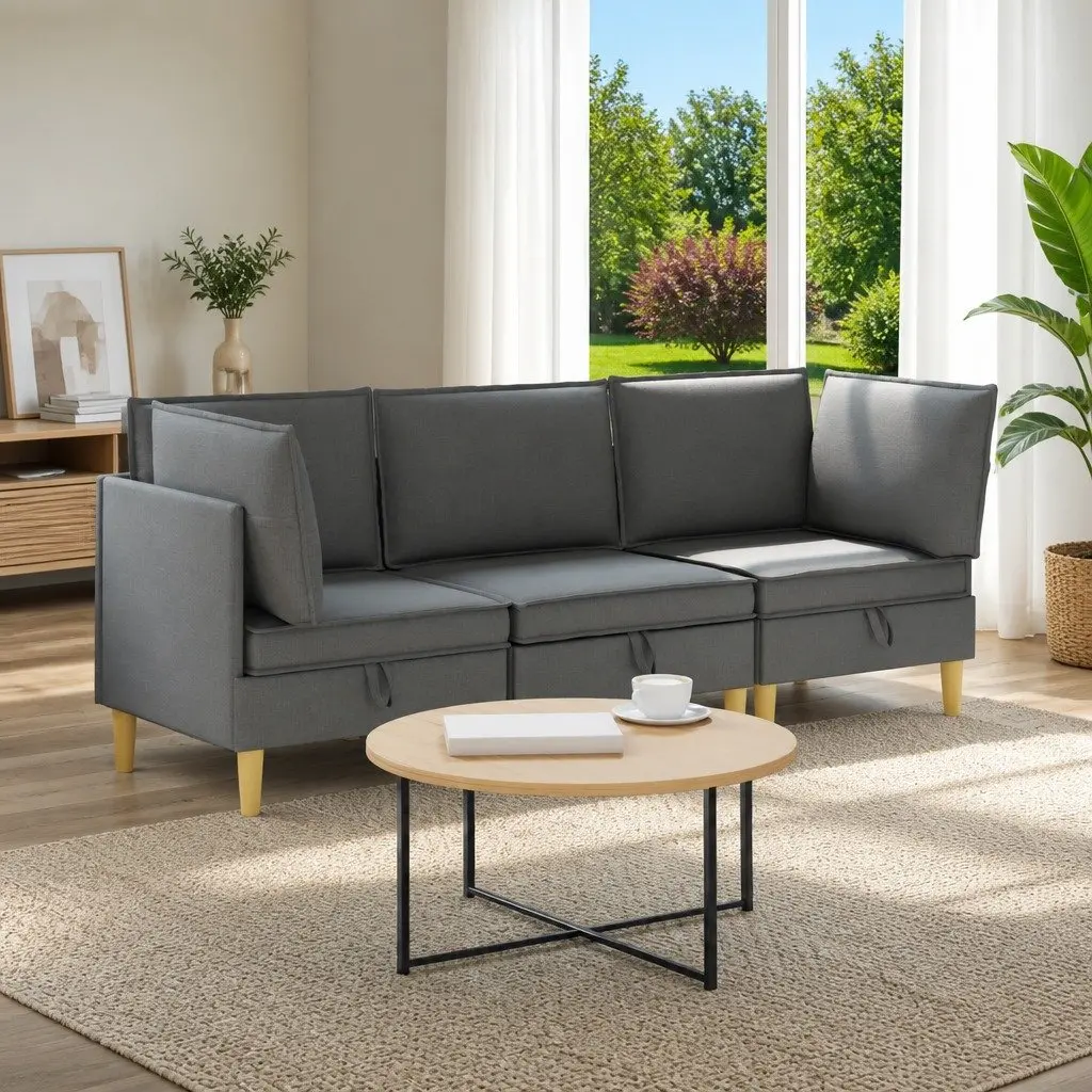 Modular Sofa Set 3-Piece Storage Grey Fabric Living Room Lounge Couch Suite