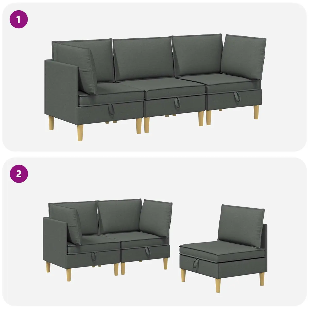 Modular Sofa Set 3-Piece Storage Grey Fabric Living Room Lounge Couch Suite
