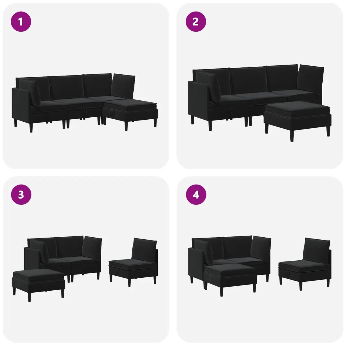 Living Room Furniture Set Black Velvet 4 Piece Cushioned Storage