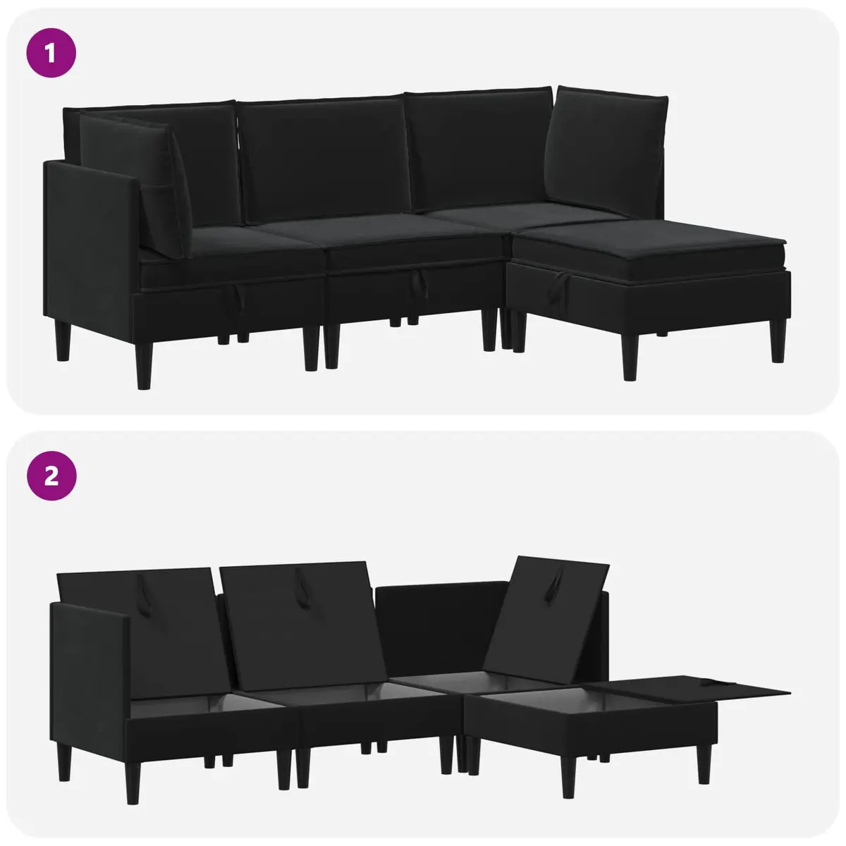 Living Room Furniture Set Black Velvet 4 Piece Cushioned Storage