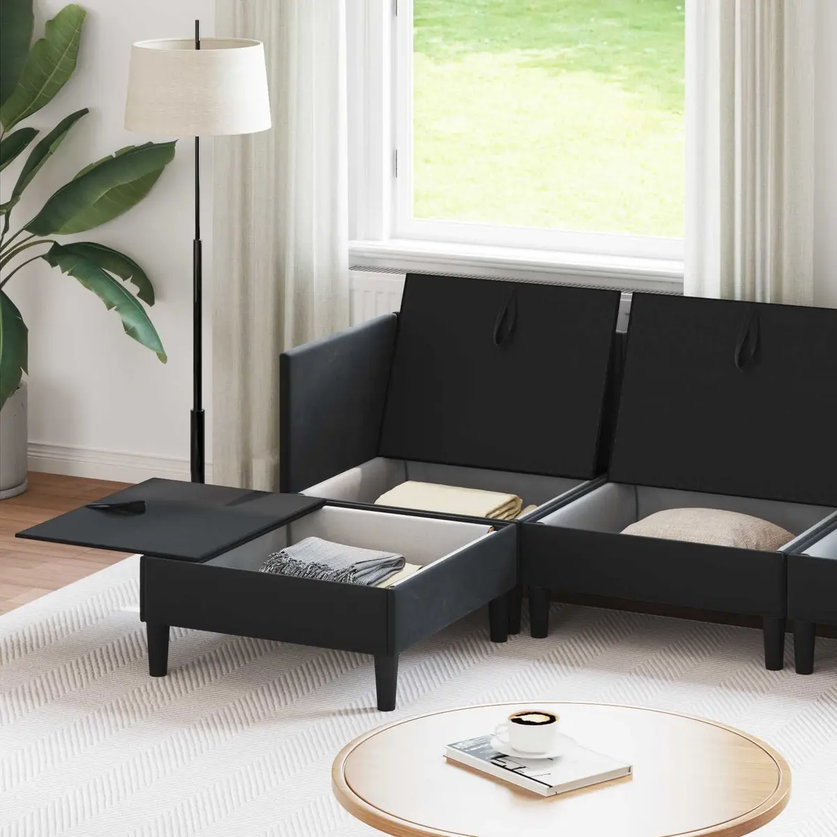 Living Room Furniture Set Black Velvet 6 Piece Cushioned Sofa Storage