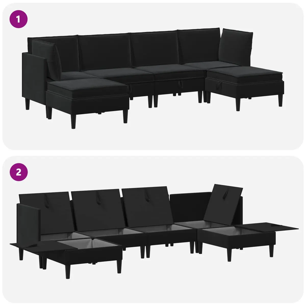 Living Room Furniture Set Black Velvet 6 Piece Cushioned Sofa Storage