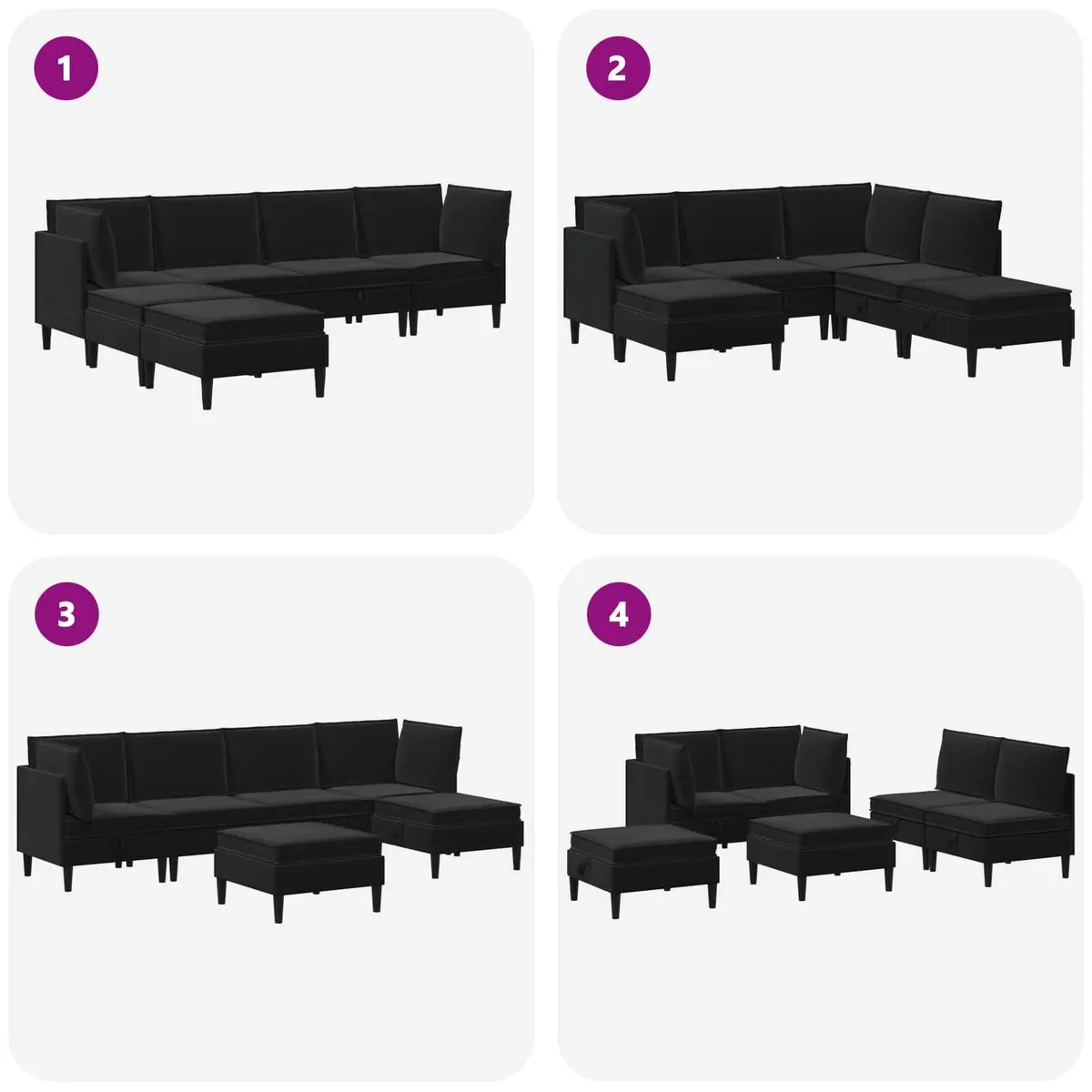 Living Room Furniture Set Black Velvet 6 Piece Cushioned Sofa Storage