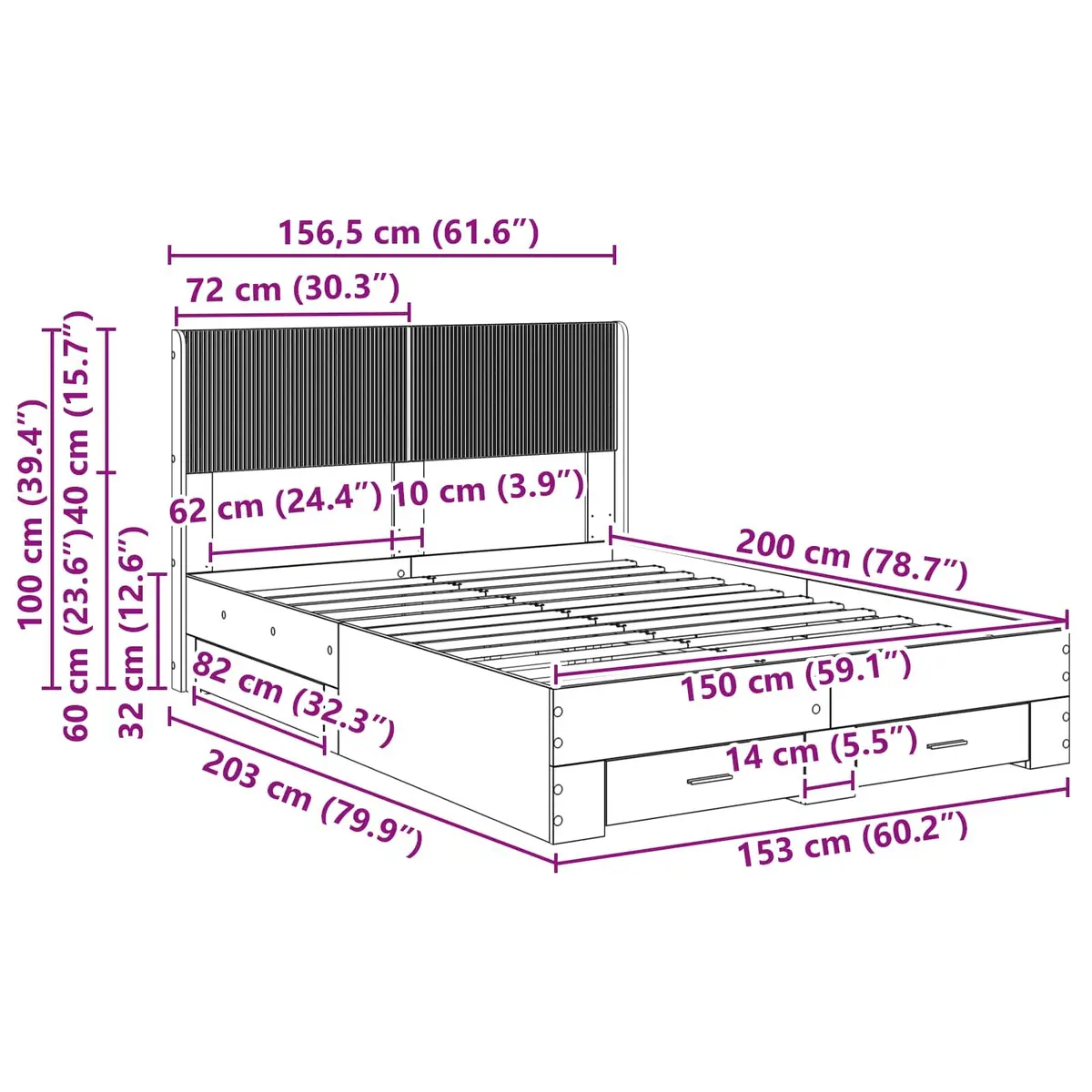 White Bed Frame 150x200cm with Storage Space