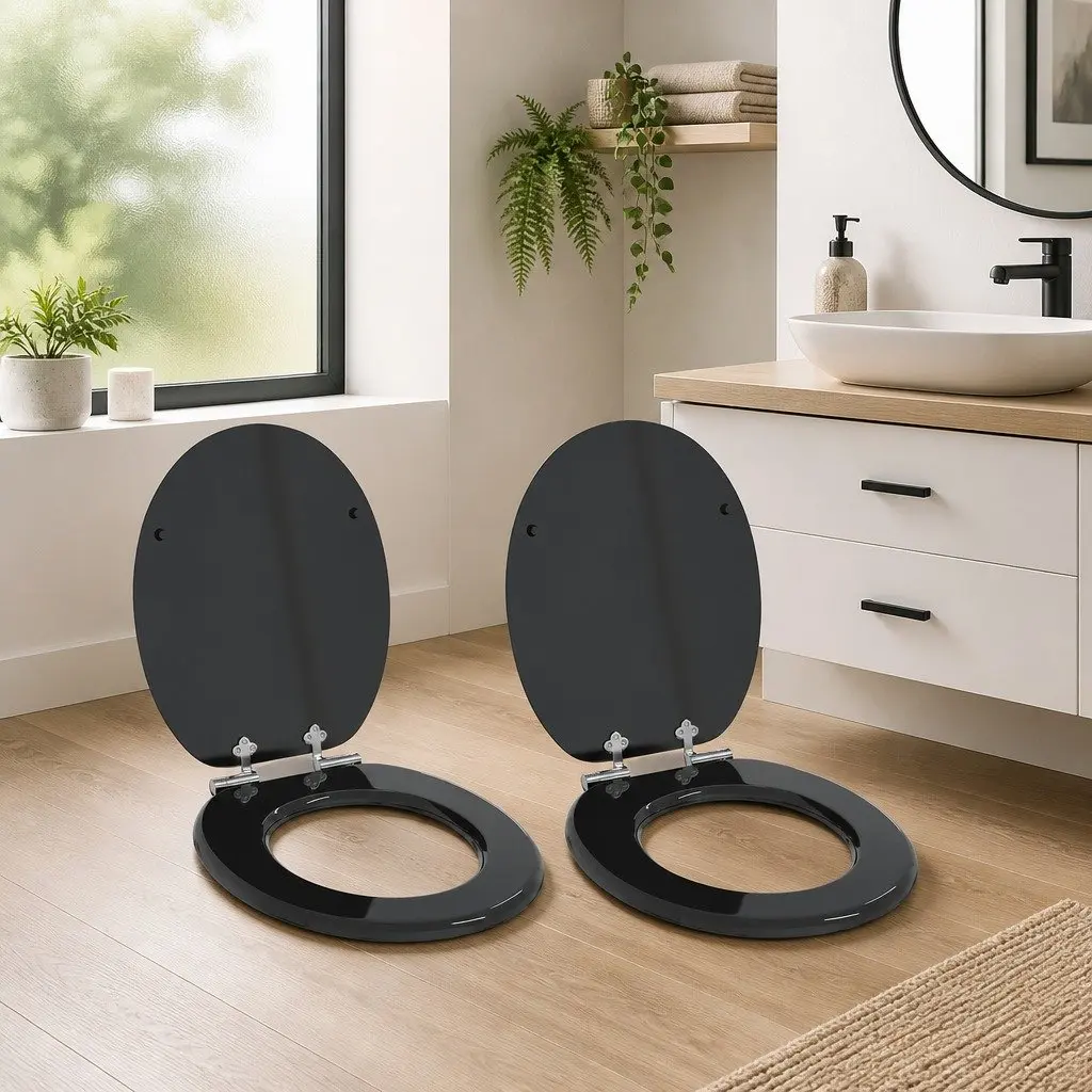 Toilet Seat Black MDF 44x38cm Soft Close with Non-Slip Bumpers 2 Piece