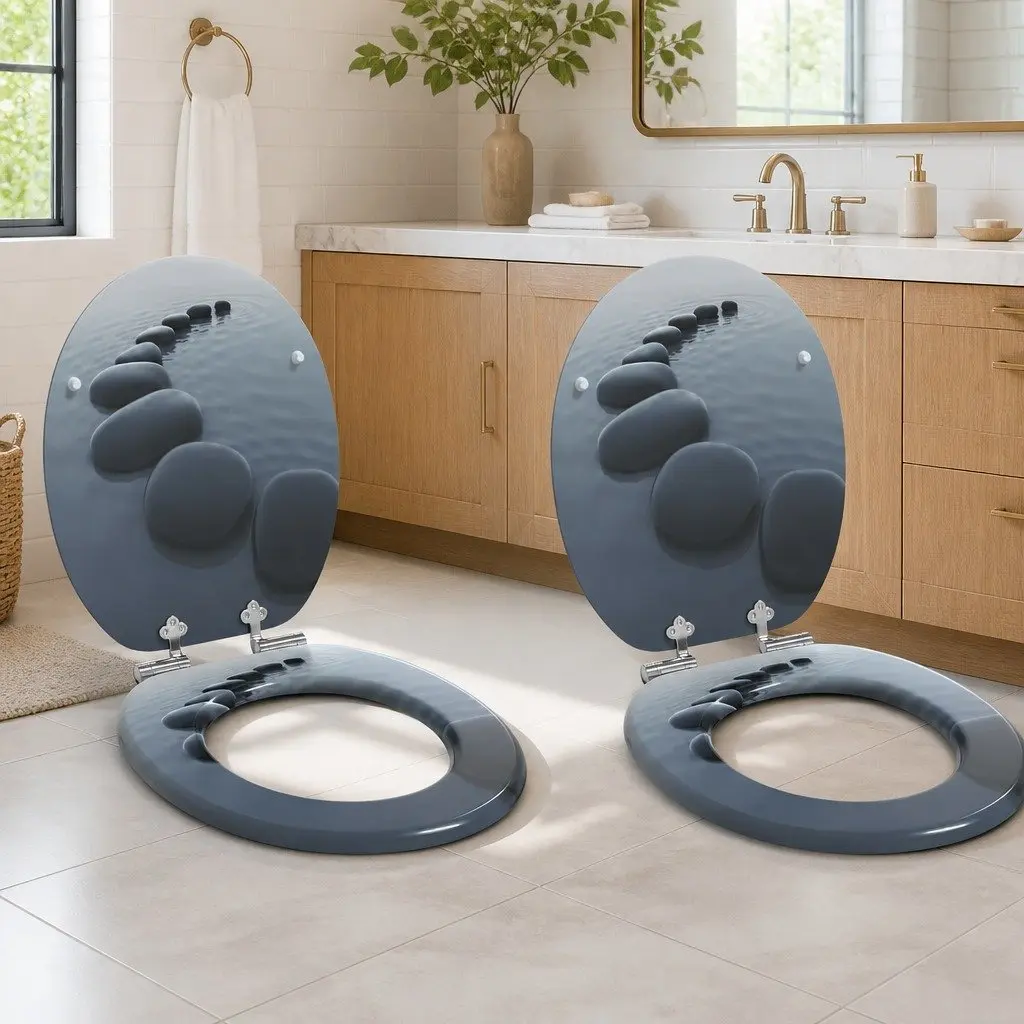 Toilet Seat Grey MDF 44x38cm Soft-Close 2 Piece Standard Fit
