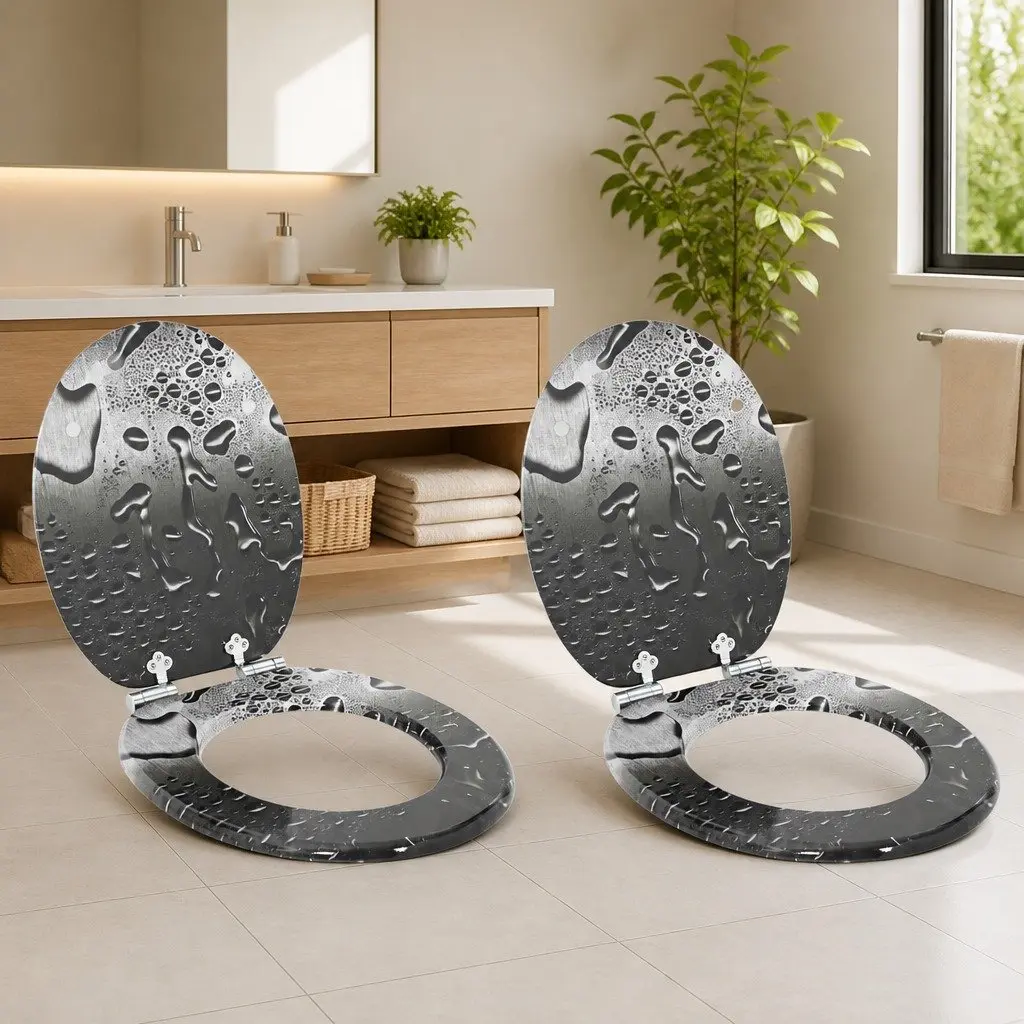 Toilet Seat Grey 44x38cm Soft-Close MDF Board 2 Pack