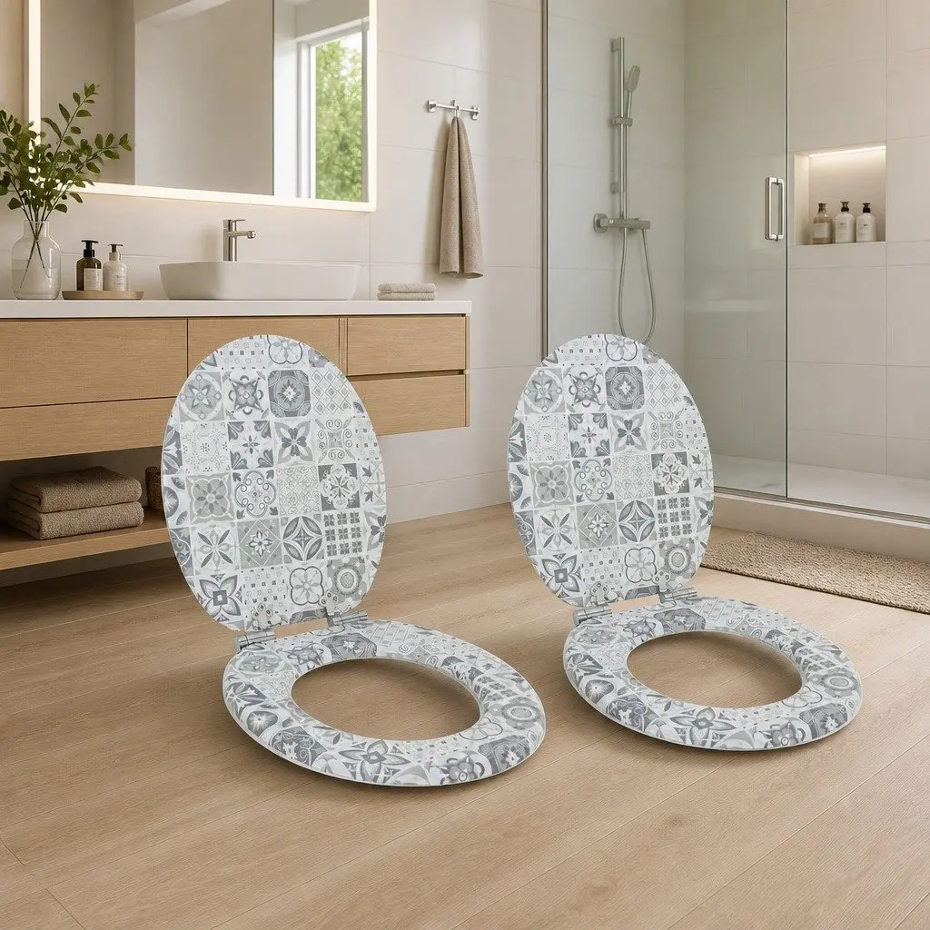 Soft-Close Toilet Seat Blue White 2 Pack MDF Board Non-Slip Bumpers