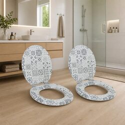Soft-Close Toilet Seat Blue White 2 Pack Bathroom Fixture MDF Board Non-Slip