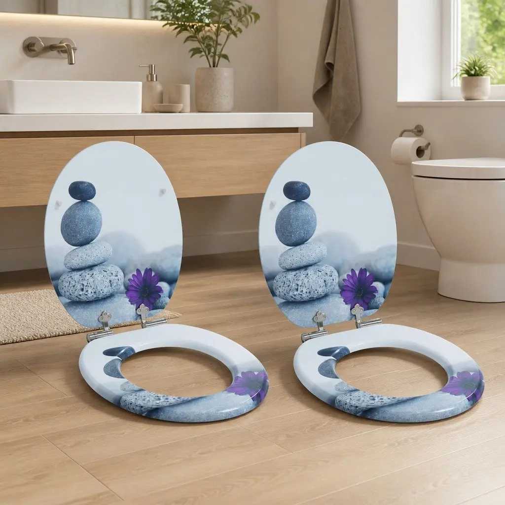 Toilet Seat Grey MDF 44 x 38 cm Soft-Close Mechanism 2 Piece