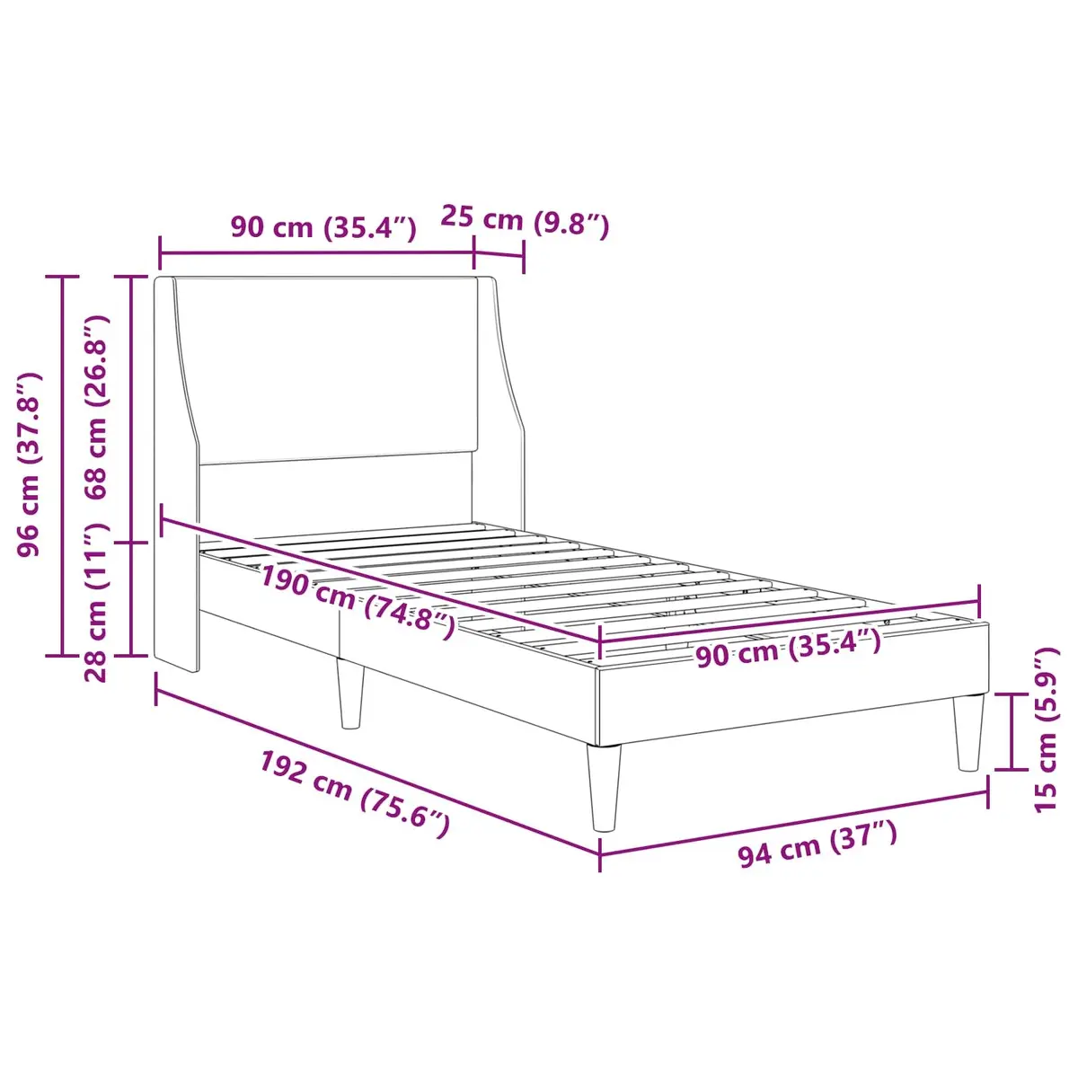 Bed Frame with Fabric Headboard Dark Grey 90 x 190 cm Modern Bedroom Furniture