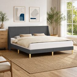 Dark Grey Bed Frame with Fabric Headboard - Simple and Sturdy