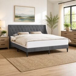 180 x 200 cm Dark Grey Bed Frame with Plush Velvet Headboard