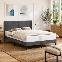 Modern Bed Frame with Slatted Base and Velvet Headboard