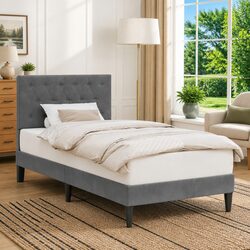 Compact Dark Grey Velvet Bed Frame, Easy Assembly 90 x 190 cm