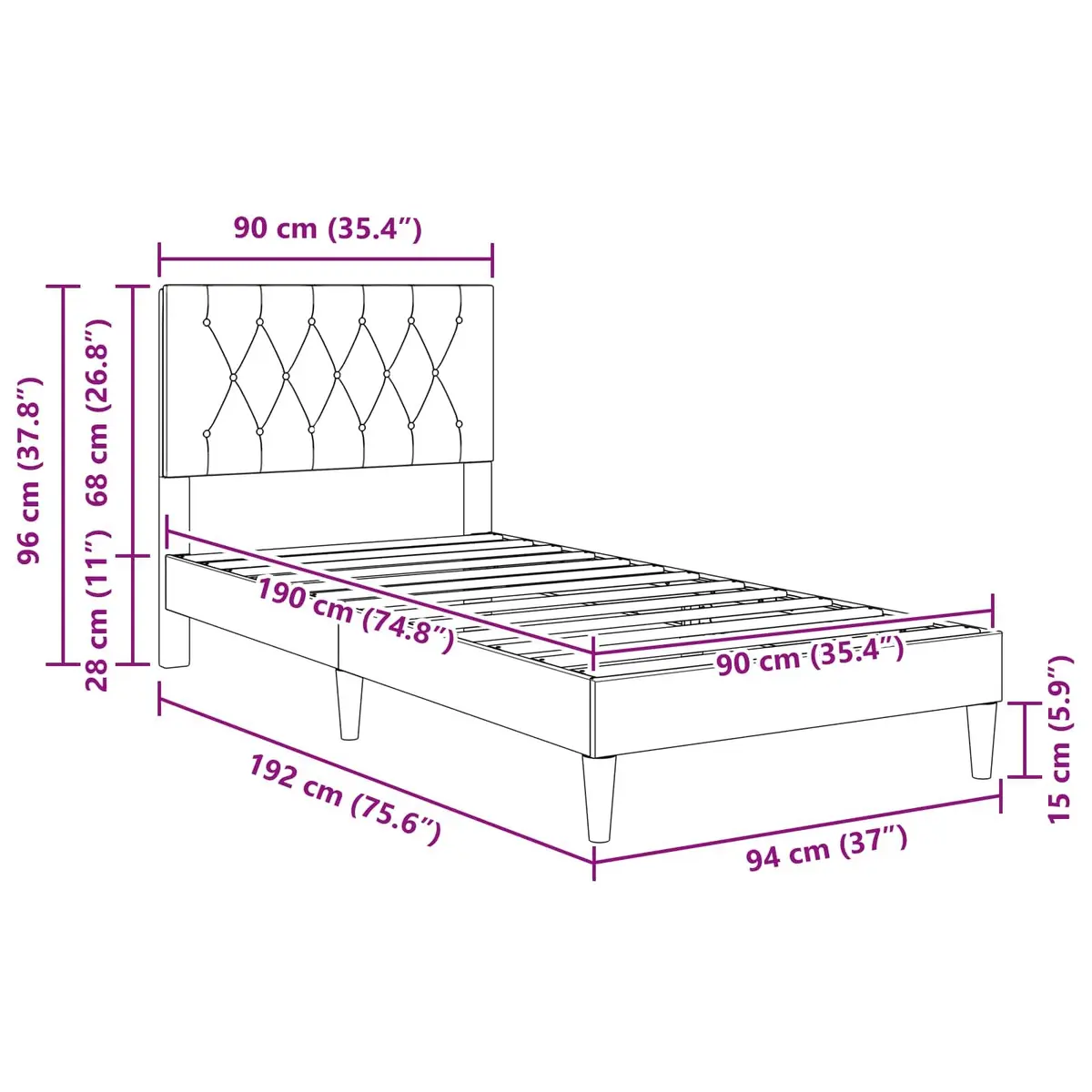 Bed Frame Dark Grey 90 x 190 cm Velvet Headboard Plywood Construction Tapered Legs