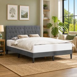 Bed Frame with Dark Grey Velvet Headboard Modern Bedroom Furniture Tapered Legs