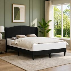 Black Bed Frame with Headboard Modern Faux Leather Queen Size 153 x 203 cm