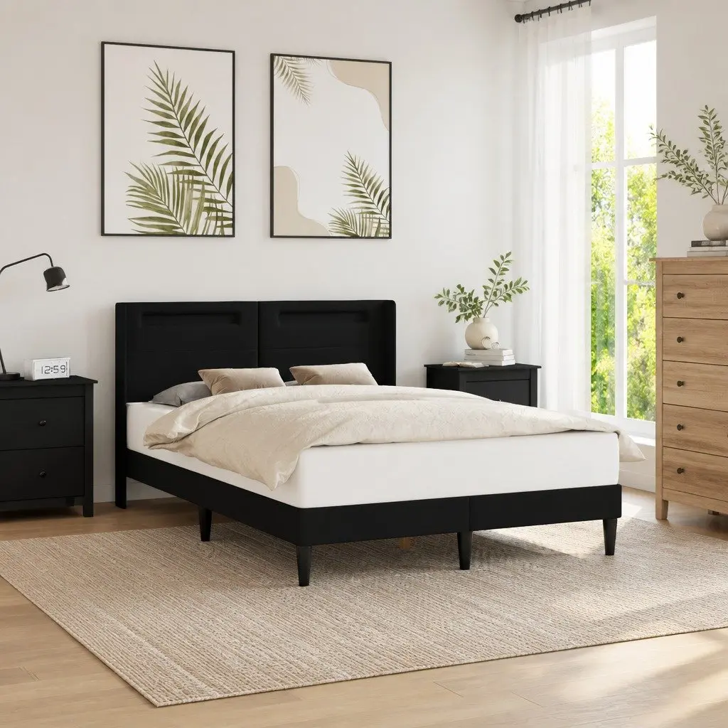 Bed Frame Black Faux Leather Modern with LED Strip Lights