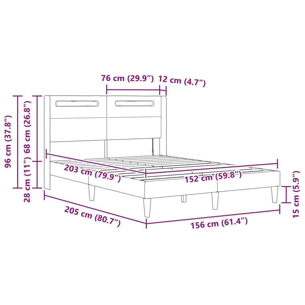 Bed Frame Black Faux Leather Modern with LED Strip Lights