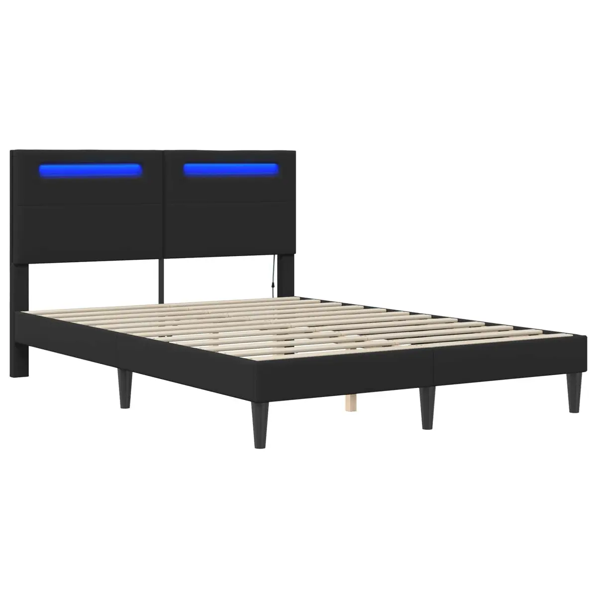 Black Bed Frame Faux Leather Modern Style Slatted Base LED Lighting USB Powered