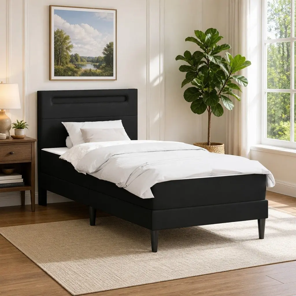 Bed Frame Black 90 x 190 cm LED Strip Lights Faux Leather Headboard Storage