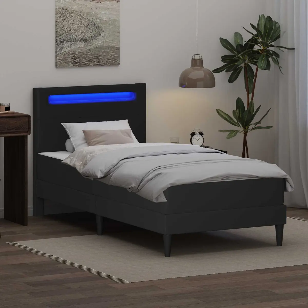 Bed Frame Black 90 x 190 cm LED Strip Lights Faux Leather Headboard Storage