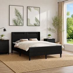 Black Bed Frame with Mattress 137 x 190 cm Faux Leather Headboard USB LED Lights