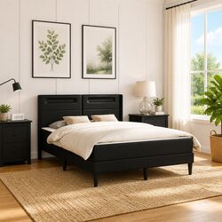 Bed Frame with Mattress Black Modern Bedroom Furniture Faux Leather Headboard