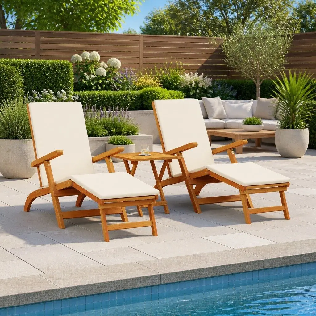 Acacia Wood Lounger with Adjustable Backrest and Footrest