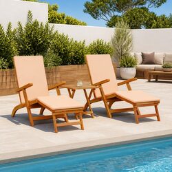 Sun Lounger Reclining Folding Chair 3 Pieces Solid Acacia Wood Garden Patio