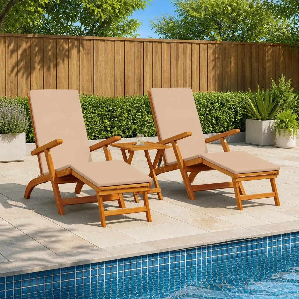 Acacia Wood Reclining Lounger, Set of 3
