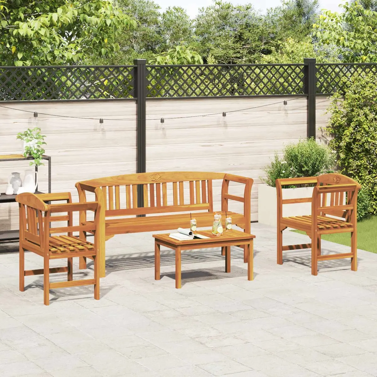 Garden Rose Lounge Set 4 Piece Outdoor Furniture Brown Wood Patio Seating