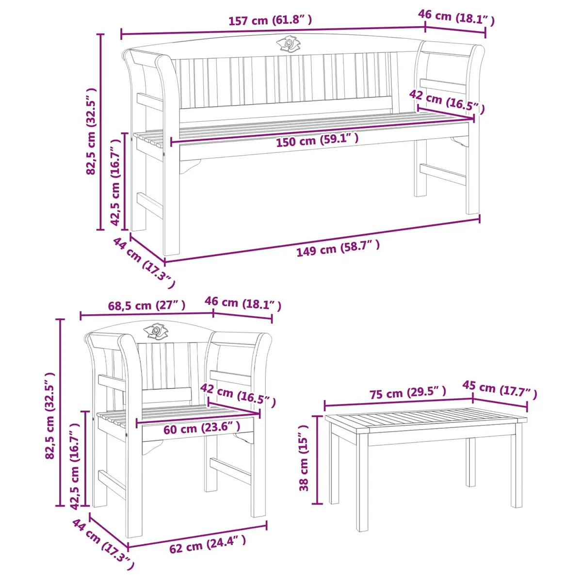 Garden Rose Lounge Set 4 Piece Outdoor Furniture Brown Wood Patio Seating