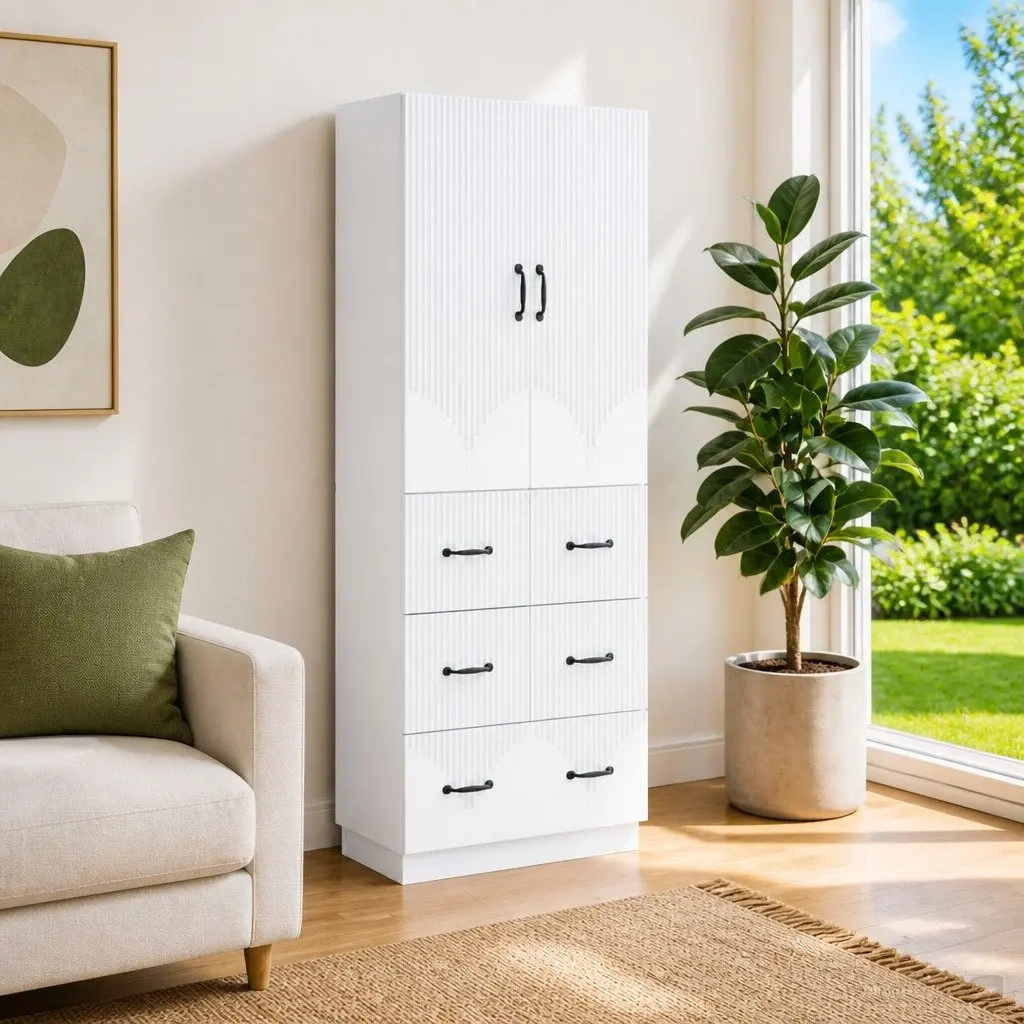 Storage Cabinet Set White 66 x 34.5 x 87 cm Adjustable Shelves Sliding Doors Multiple Drawers