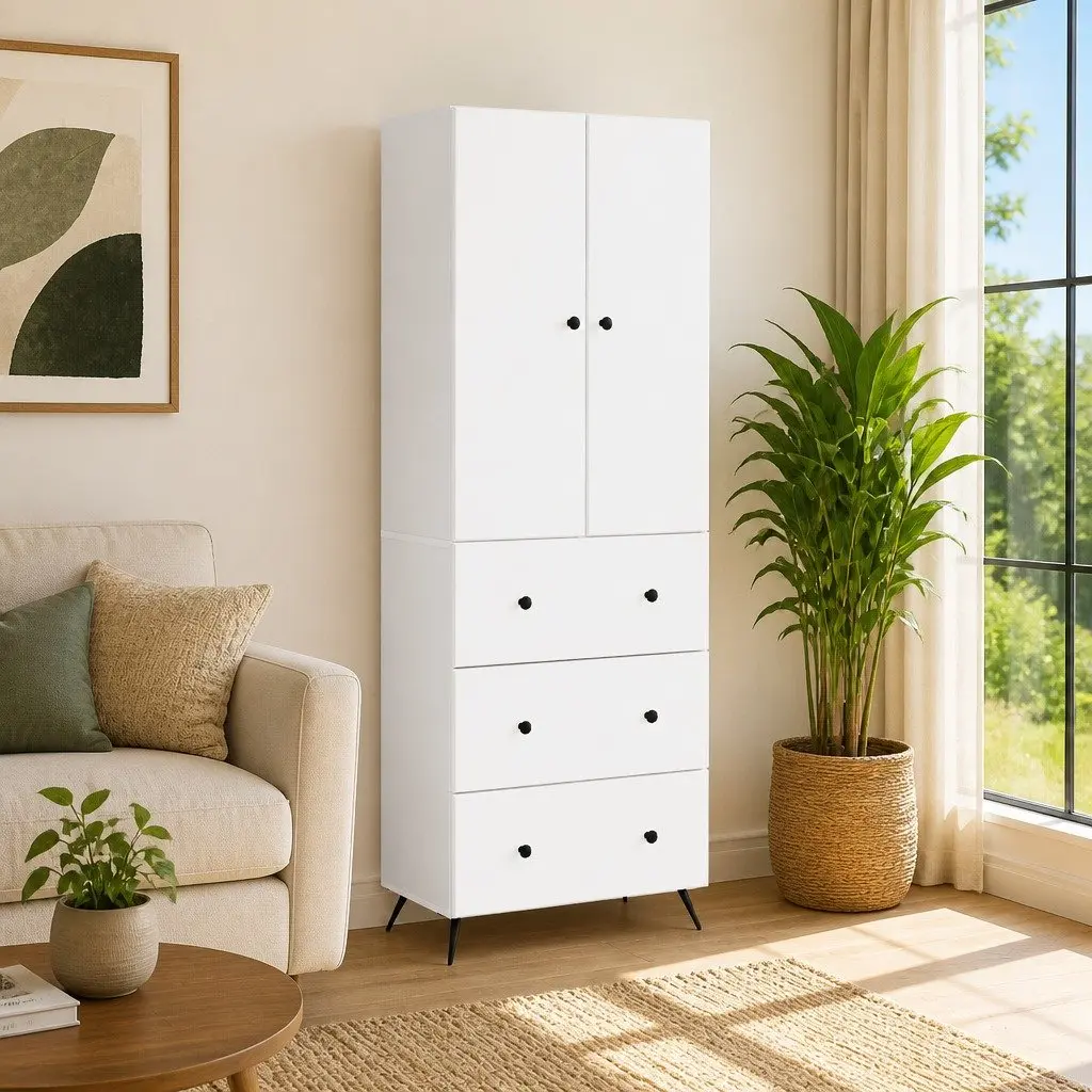 Storage Cabinet Set White 66 x 34.5 x 90 cm Sliding Doors Shelves Drawers