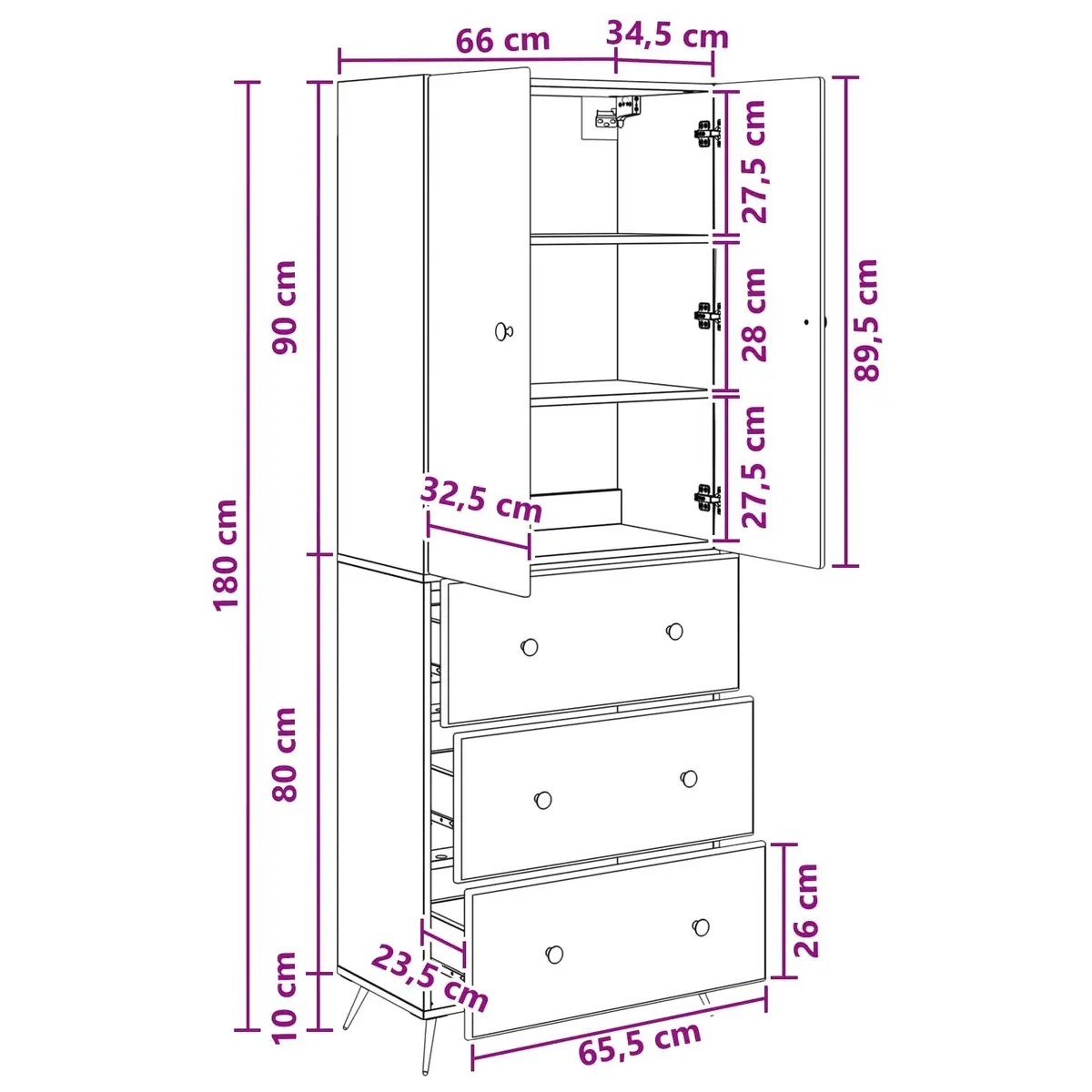 Storage Cabinet Set White 66 x 34.5 x 90 cm Sliding Doors Shelves Drawers