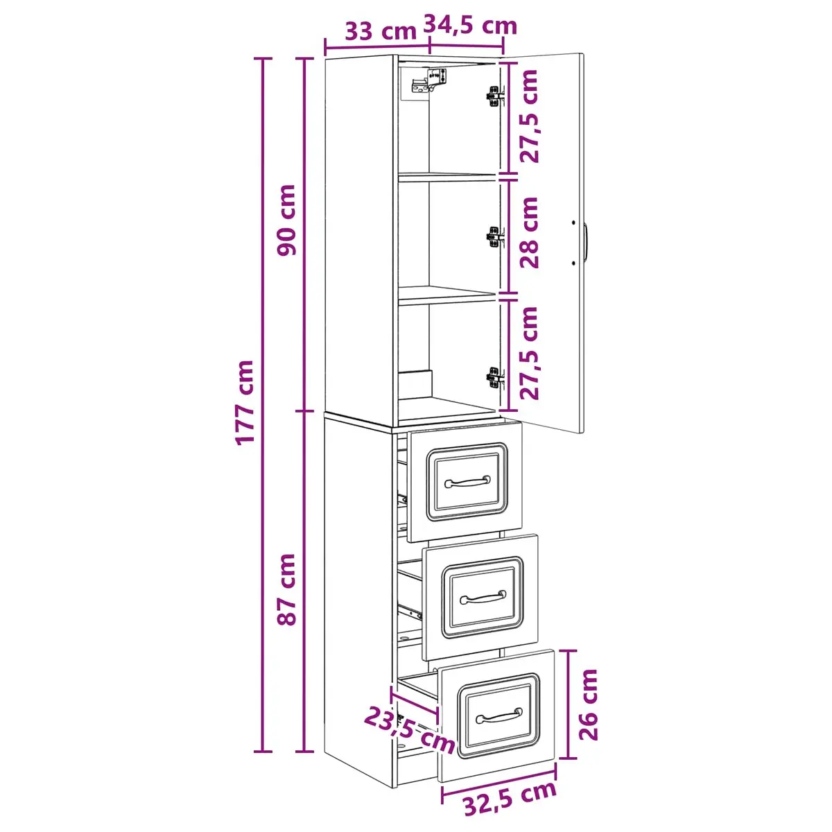Storage Cabinet Set White 33 x 34.5 x 87 cm with Drawers Shelves LED Light