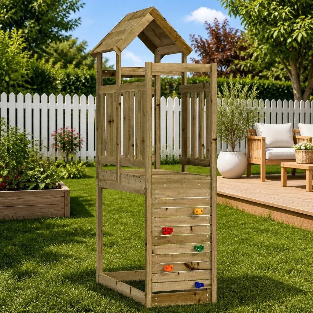 Outdoor Playground Set Brown Kids Play Tower with Slide Swing Climbing
