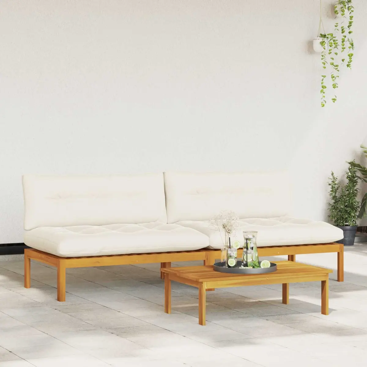 Outdoor Sectional Sofa Unit Natural Cream White 2 Piece Acacia Wood Garden Patio Furniture Set