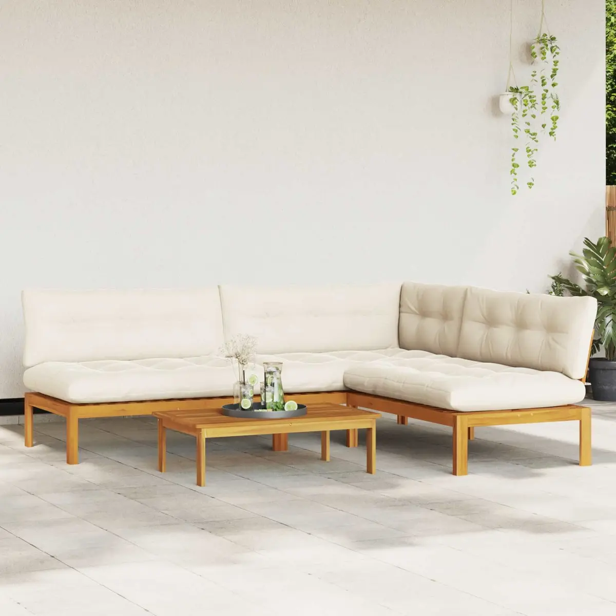 Outdoor Sectional Sofa Set Brown 4 Piece Corner Lounge with Foam Padded Cushions and Low Table