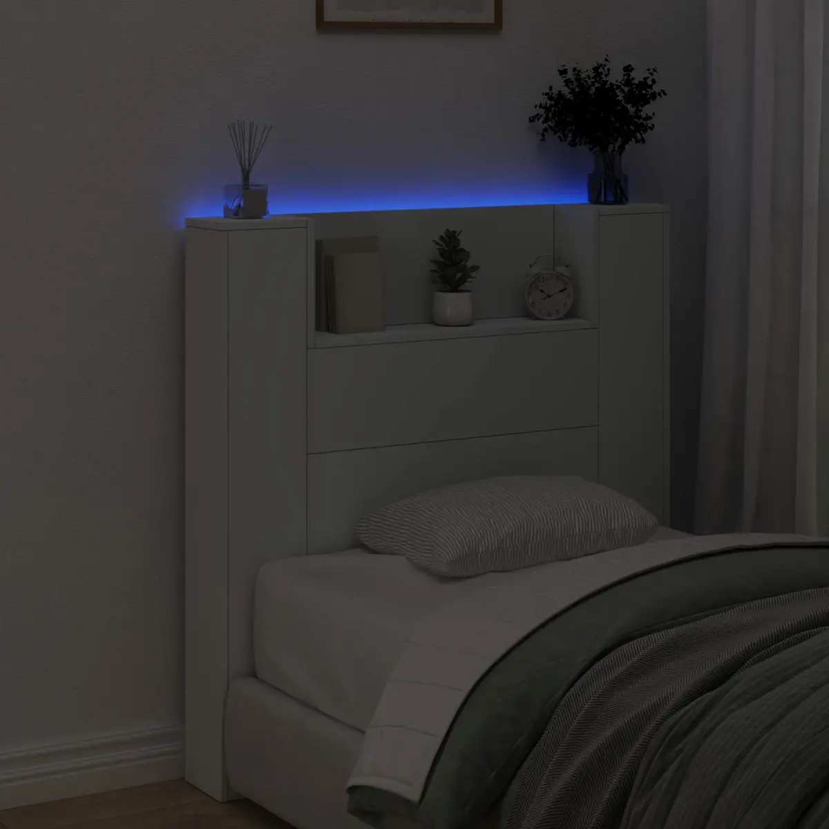 Storage Headboard White USB Powered RGB LED Lights with Adjustable Brightness and Shelving Unit