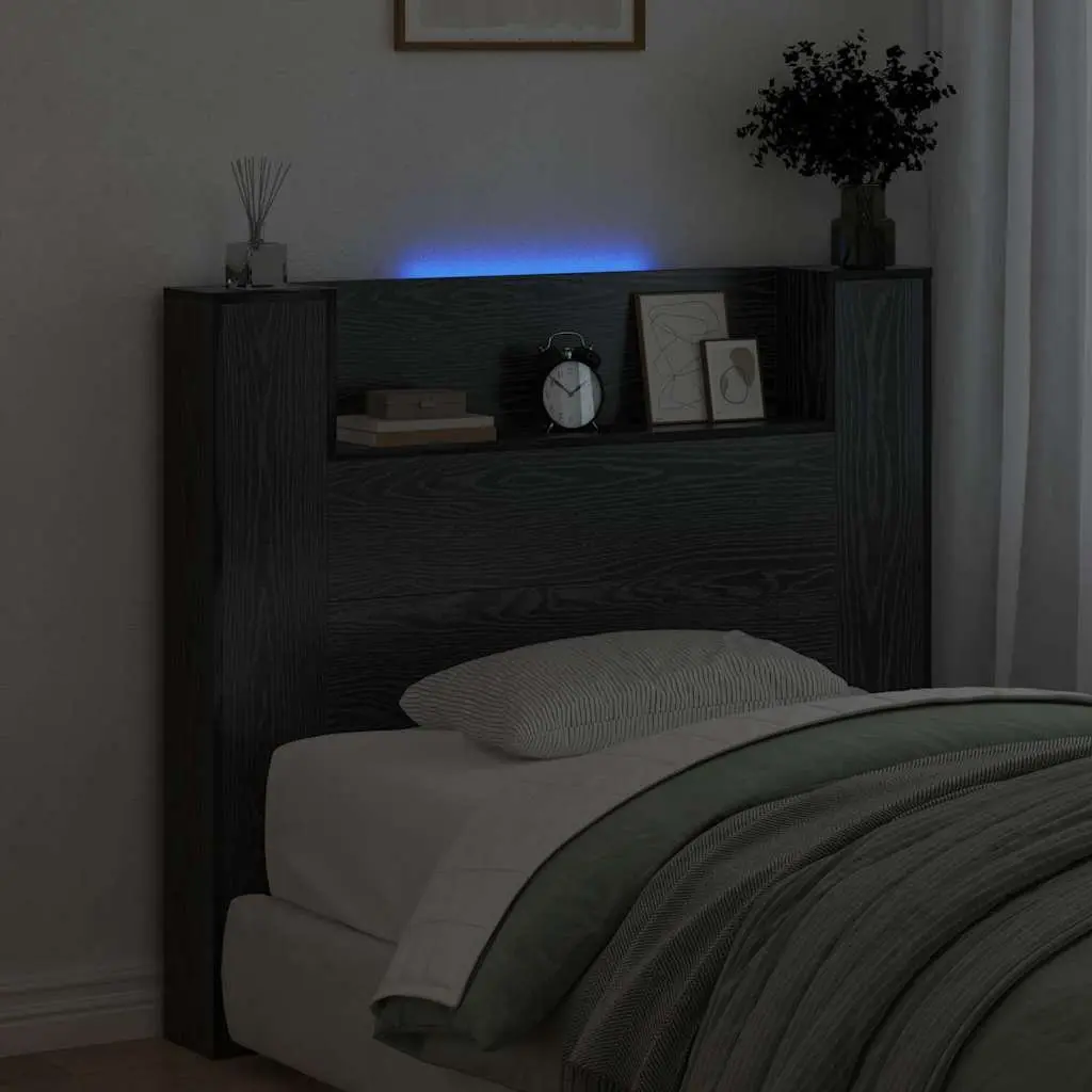 Storage Headboard Black Engineered Wood RGB LED Lights with Adjustable Colors and Brightness