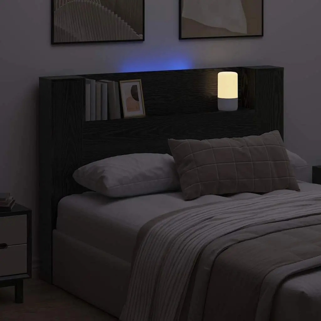 Storage Headboard with RGB LED Lights Black Engineered Wood Bedroom Furniture