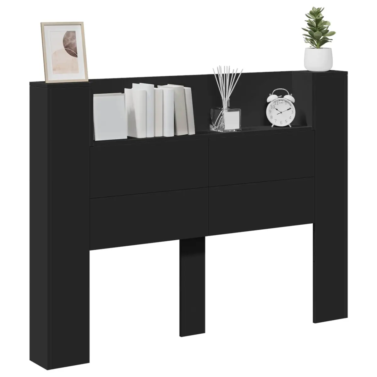 Storage Headboard Black Engineered Wood RGB LED Lights Adjustable Brightness Integrated Shelving