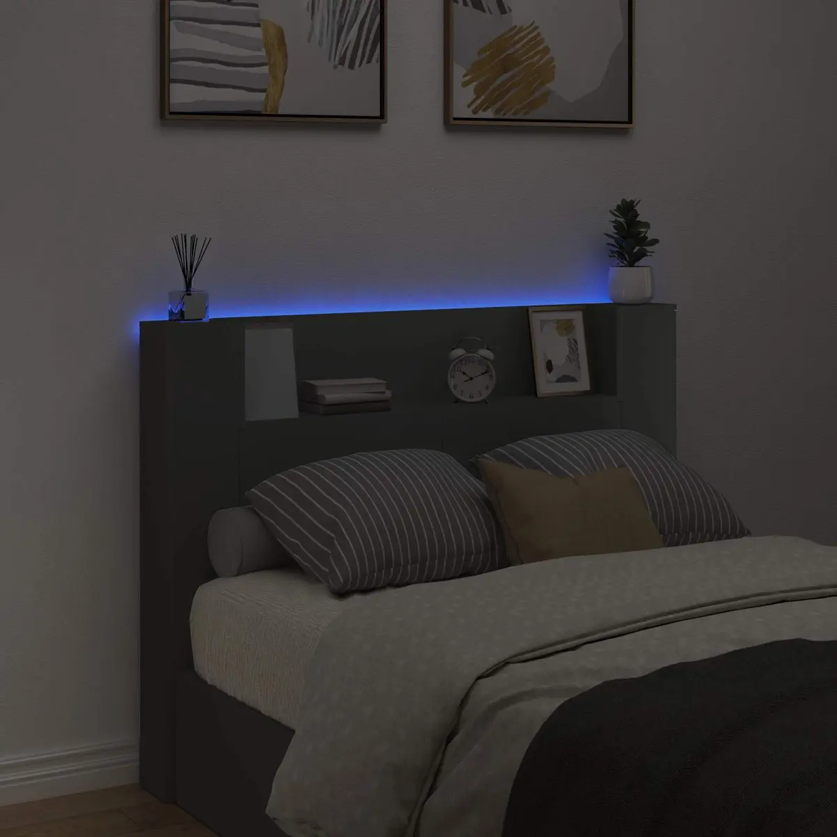 Storage Headboard Black Engineered Wood RGB LED Lights Adjustable Brightness Integrated Shelving